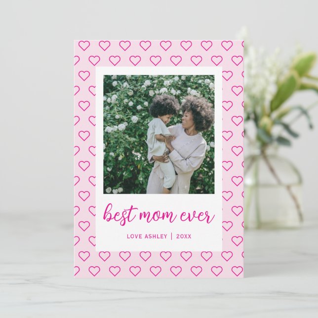 Best Mum Ever Cute Pink Hearts Photo Mother's Day Card (Standing Front)