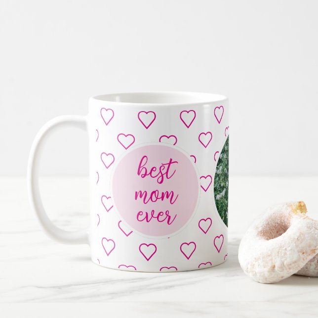 Best Mum Ever Cute Pink Hearts Photo Mother's Day Coffee Mug (With Donut)