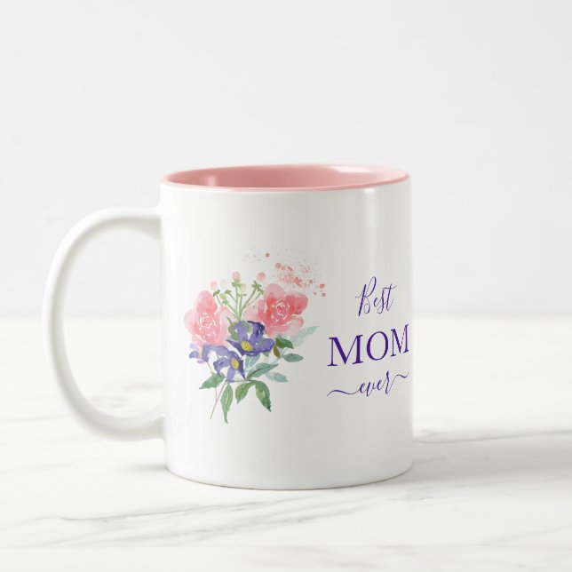 Best Mum Ever Cute Pink Purple Floral Two-Tone Coffee Mug (Left)