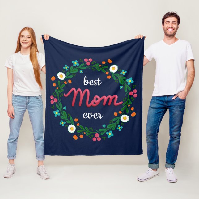 Best Mum Ever Elegant Navy Colourful Floral Wreath Fleece Blanket (In Situ)