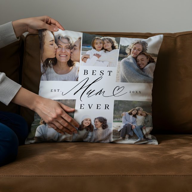 Best Mum Ever Elegant Script Heart Photo Collage Cushion (Best Mum Ever Elegant Script Heart Photo Collage Throw Pillow)