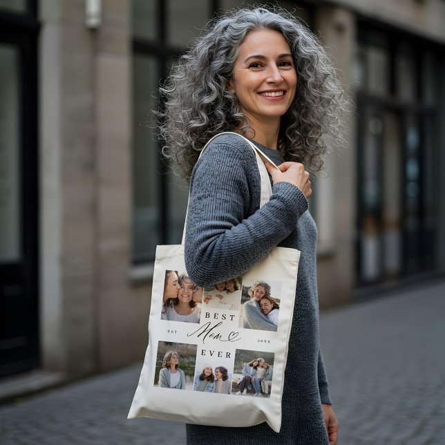 Best Mum Ever Elegant Script Heart Photo Collage Tote Bag (Best Mom Ever Elegant Script Heart Photo Collage Tote Bag)