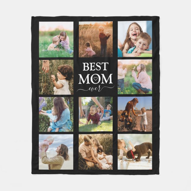 Best Mum Ever Family Photo Collage Black Fleece Blanket (Front)