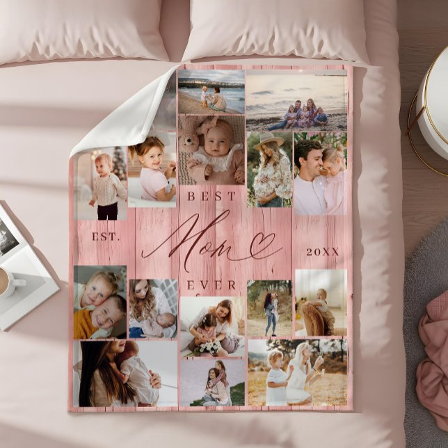 Best Mum Ever Family Photo Collage Pink Woodgrain Fleece Blanket (Best Mom Ever Family Photo Collage Pink Woodgrain Fleece Blanket)