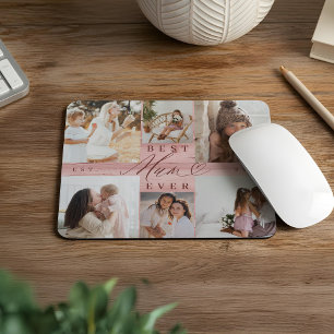 Best Mum Ever Family Photo Collage Pink Woodgrain Mouse Mat