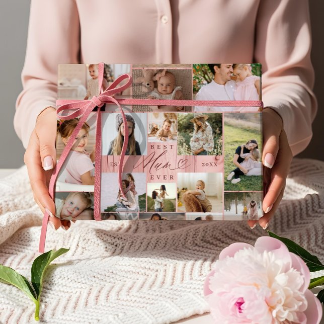 Best Mum Ever Family Photo Collage Pink Woodgrain Wrapping Paper Sheet (Best Mum Ever Family Photo Collage Pink Woodgrain Wrapping Paper Sheets)