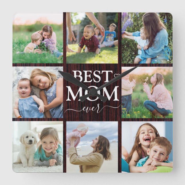 Best Mum Ever Family Photo Collage Rustic Square Wall Clock (Front)