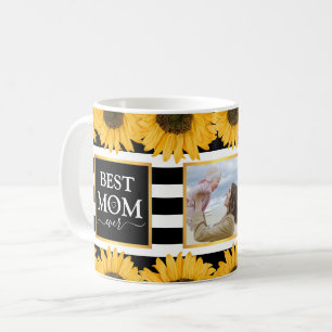 Best Mum Ever Family Photo Sunflower Black Stripes Coffee Mug