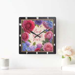 Best Mum Ever Floral Square Wall Clock