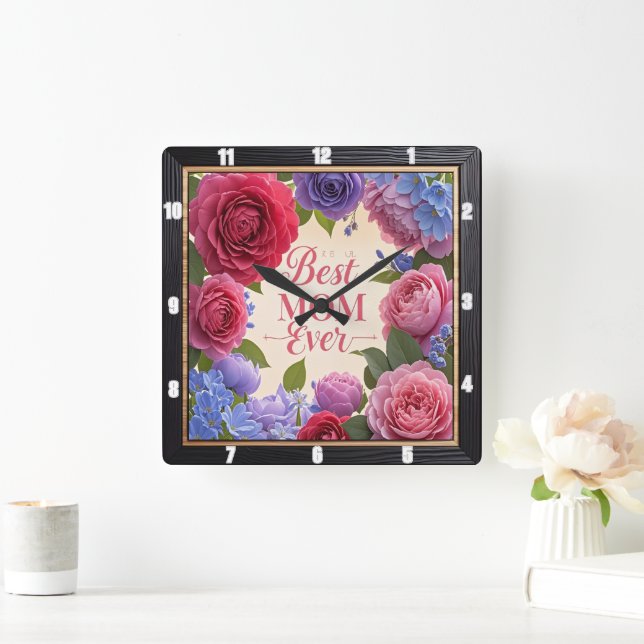 Best Mum Ever Floral Square Wall Clock (Home)