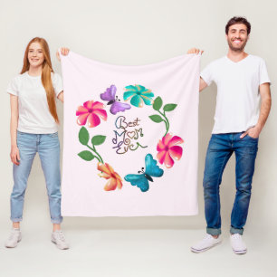 Best Mum Ever Floral Wreath Cute Butterfly Flowers Fleece Blanket