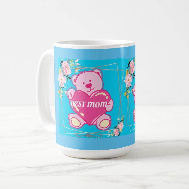 Best Mum Ever Florida Pink Teddy Bear Floral Blue Coffee Mug (Front Left)