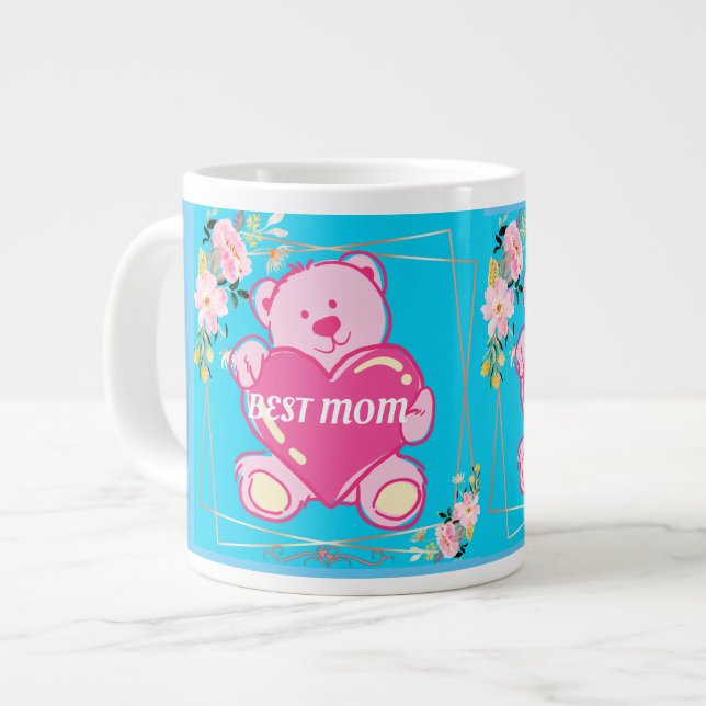 Best Mum Ever Florida Pink Teddy Bear Floral Blue Large Coffee Mug (Front Left)