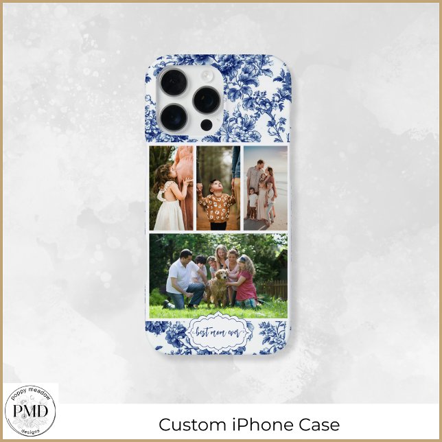 Best Mum Ever Four Photo Floral Blue Toile iPhone Case (Best Mom Ever Four Photo Floral Blue Toile iPhone Case with Optional Name or Initials.)