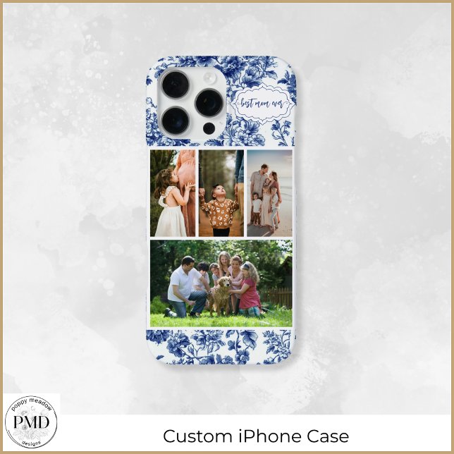 Best Mum Ever Four Photo Floral Blue Toile iPhone Case (Best Mom Evern Four Photo Floral Blue Toile iPhone Case with Optional Name or Initials.)