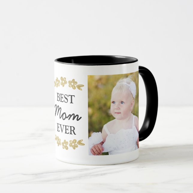 Best Mum Ever Gold Flowers Custom Photo Mug (Front Right)