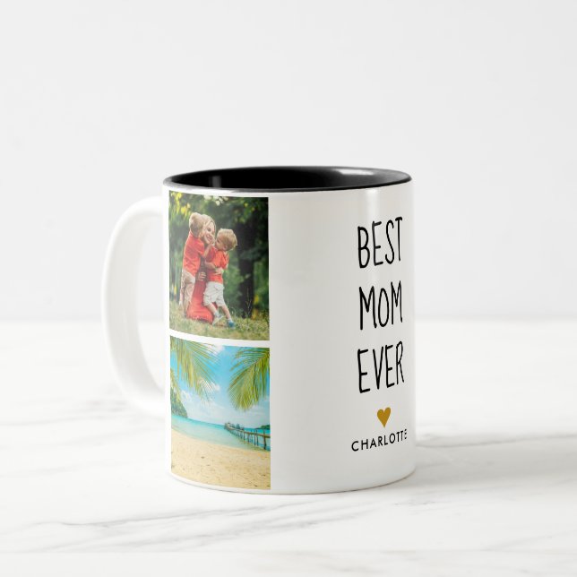 Best Mum Ever Gold Heart 4 Photo Collage Two-Tone Coffee Mug (Front Left)