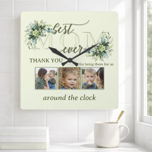 Best Mum Ever Greenery Photo Collage Custom Square Wall Clock