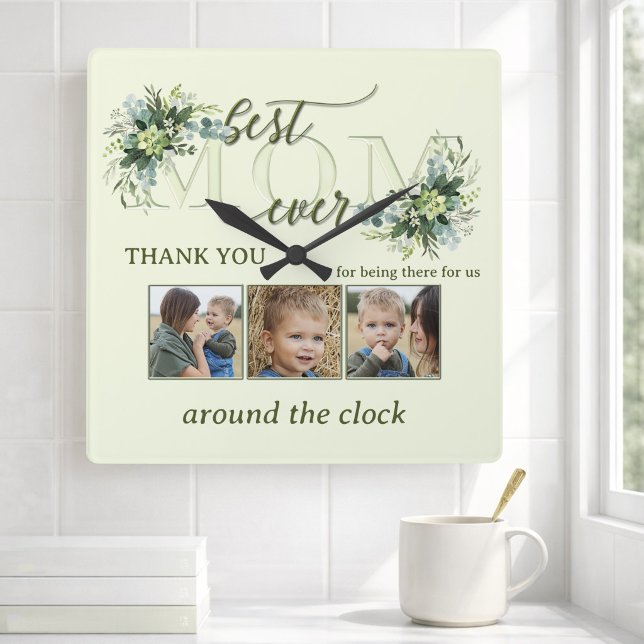 Best Mum Ever Greenery Photo Collage Custom Square Wall Clock (Elegant photo wall clock featuring a stylized Mom text with green watercolor leaves - gift for Mom)