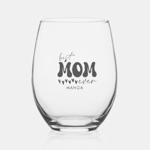 Best Mum Ever Grey Retro typography castom name Stemless Wine Glass