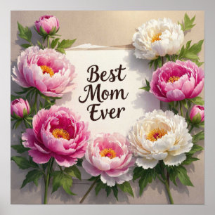 Best Mum Ever”Hand-painted peonies and cursive Poster