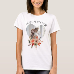 Best Mum Ever Heart Photo Orange Boho Floral  T-Shirt