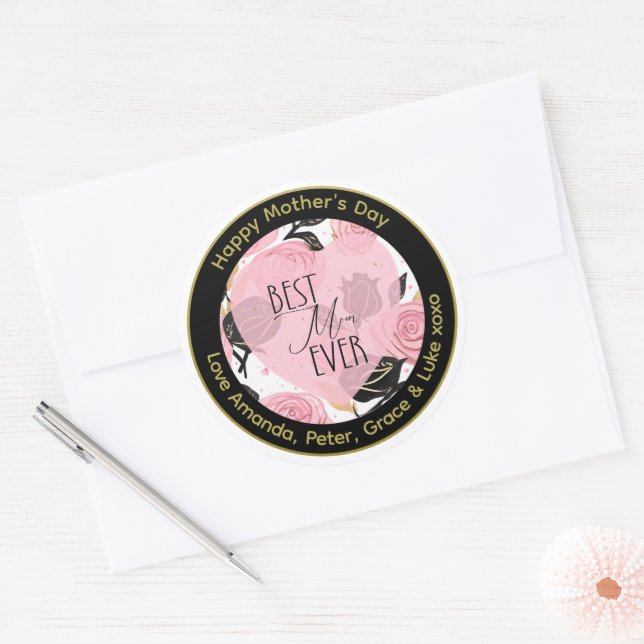 Best Mum Ever Hearts and Roses Classic Round Sticker (Envelope)