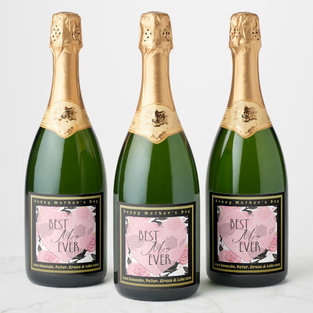 Best Mum Ever Hearts and Roses Sparkling Wine Label (Bottles)