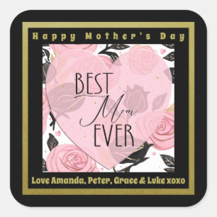 Best Mum Ever Hearts and Roses Square Sticker