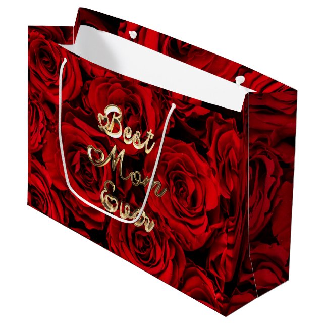 Best Mum Ever Hearts Red Roses Floral Large Gift Bag (Front Angled)