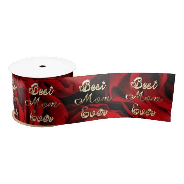 Best Mum Ever Hearts Red Roses Floral Satin Ribbon (Spool)
