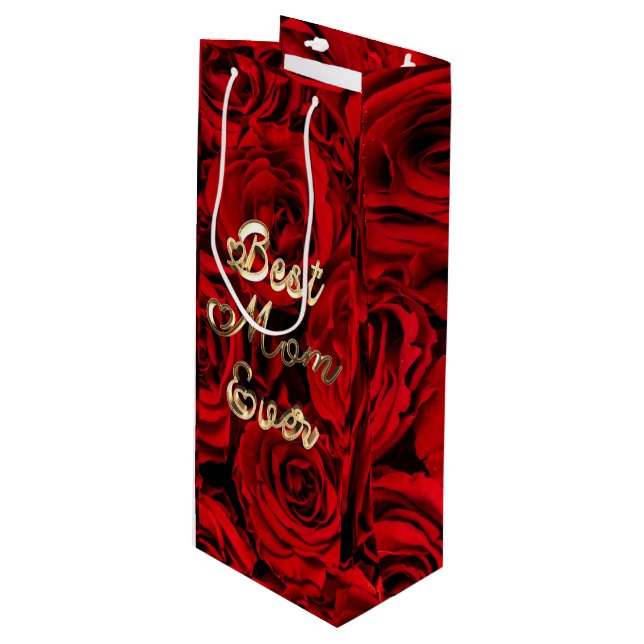 Best Mum Ever Hearts Red Roses Floral Wine Gift Bag (Front Angled)