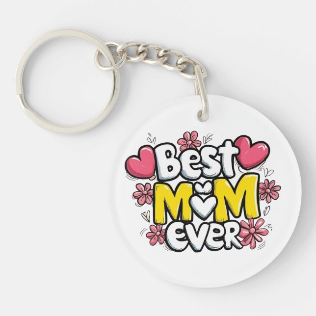 Best Mum Ever – Kawaii Doodle Style with Hearts  Key Ring (Front)