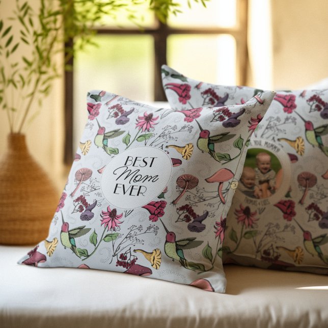 Best Mum Ever Light Blue Floral Hummingbird Cushion (Chic Best Mom Ever Hand-Drawn Hummingbird, Flowers & Mushrooms. Custom Photo & 2 Personalized Texts.)