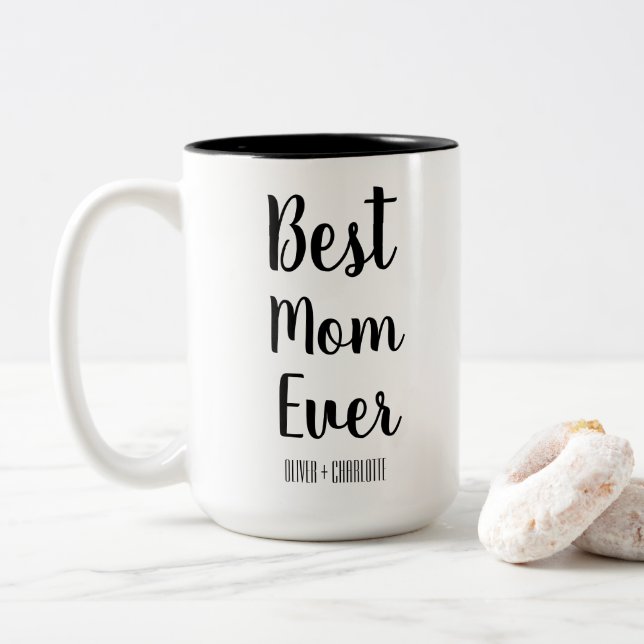 Best Mum Ever Modern Mummy Kids Names Mother's Day Two-Tone Coffee Mug (With Donut)