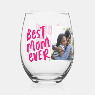 Best mum ever modern pink photo Mother's Day Stemless Wine Glass
