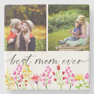 Best Mum Ever Mother's Day Photo Collage Floral   Stone Coaster