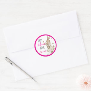 Best Mum Ever, Mum & Baby Rabbit Pink Name Classic Round Sticker