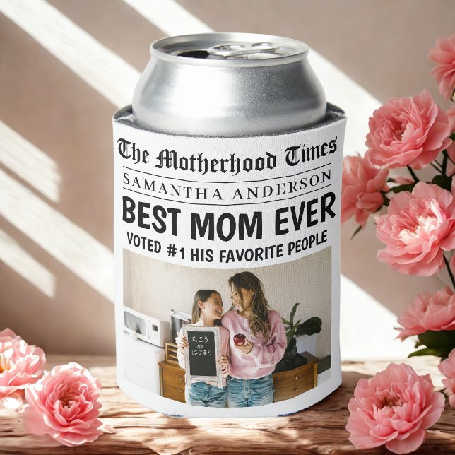 Best Mum Ever Newspaper Custom Name & Photo Can Cooler (Creator Uploaded)