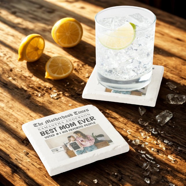 Best Mum Ever Newspaper  Custom Name & Photo Stone Coaster (Creator Uploaded)