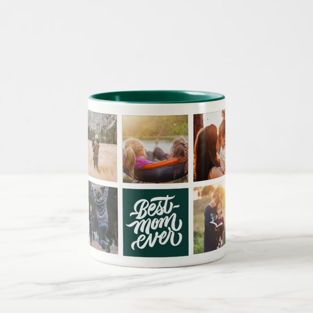 Best Mum Ever Personalised Photo Collage Green Two-Tone Coffee Mug (Center)