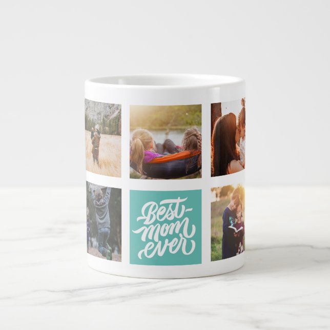 Best Mum Ever Personalised Photo Collage Teal Large Coffee Mug (Front)