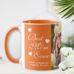 Best Mum Ever Personalised Photo Mug<br><div class="desc">Create a personalised coffee mug for the Best Mum Ever by typing your names and uploading personal photos. This elegant orange photo mug with script and modern typography is decorated with hearts to make the design unique and perfect for Mother's Day.</div>