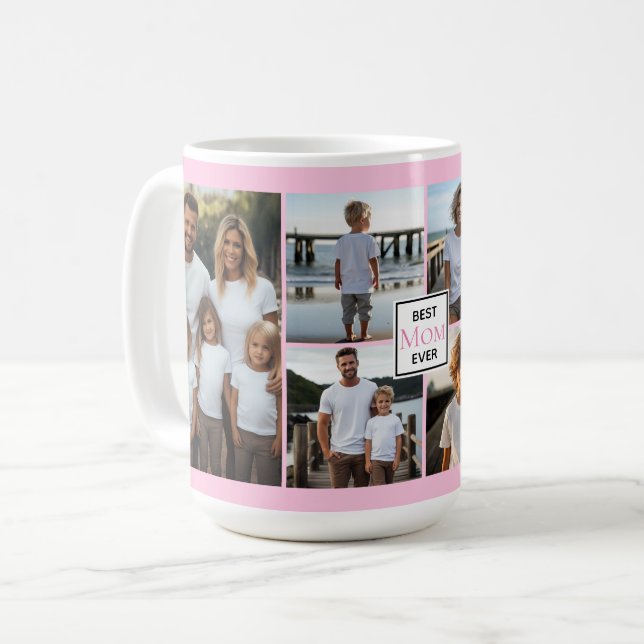 Best Mum ever personalised pink 6 photo template Coffee Mug (Front Left)