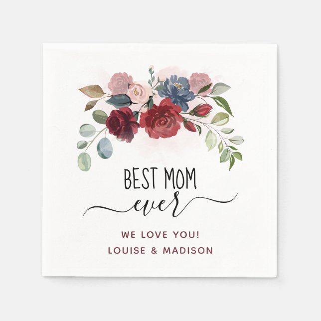 Best Mum Ever Personalised Watercolor Floral Napkin (Front)