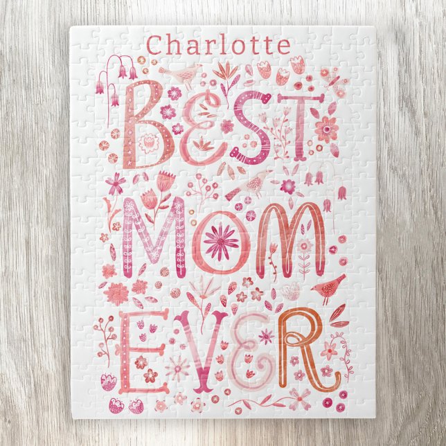 Best Mum Ever Personalised Watercolor Jigsaw Puzzle (Best Mom Ever personalized name jigsaw with hand lettered watercolor detail)