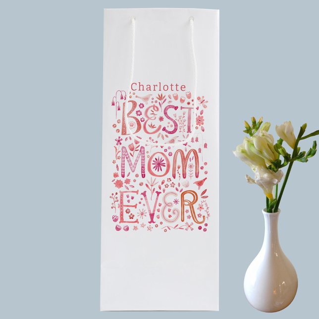Best Mum Ever Personalised Wine Gift Bag (Best Mom Ever watercolor hand lettered personalized name Mothers Day or Mom Birthday wine gift bag)