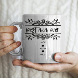 "Best Mum Ever" Personalised with 3 Kids Names Coffee Mug