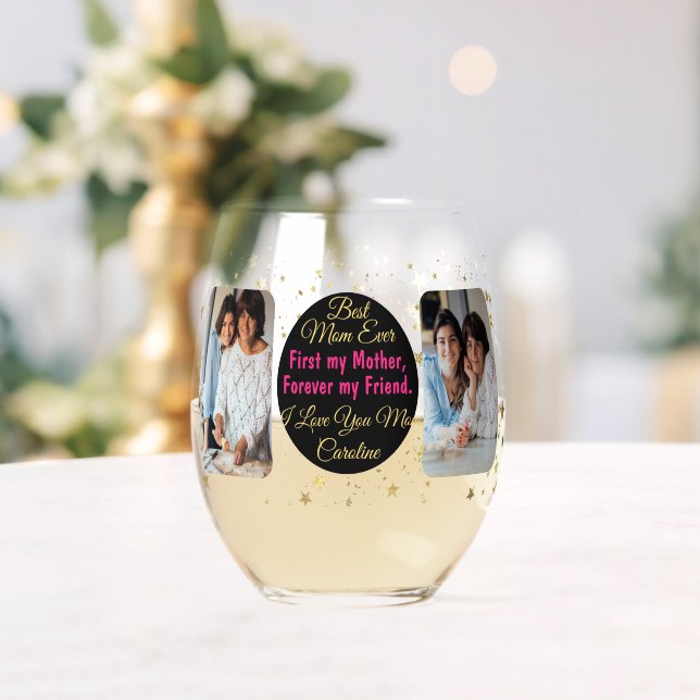 Best Mum Ever Photo Collage Modern Mothers Day Stemless Wine Glass (Insitu (Wedding))