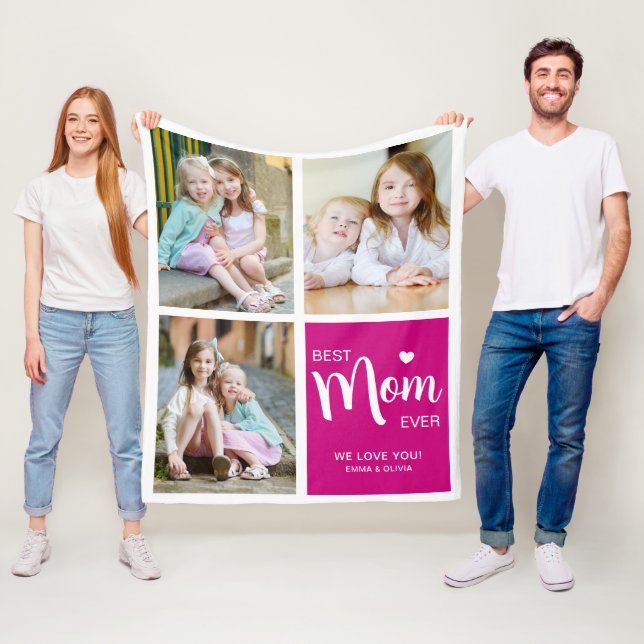 Best Mum Ever Photo Collage Pink Fleece Blanket (In Situ)